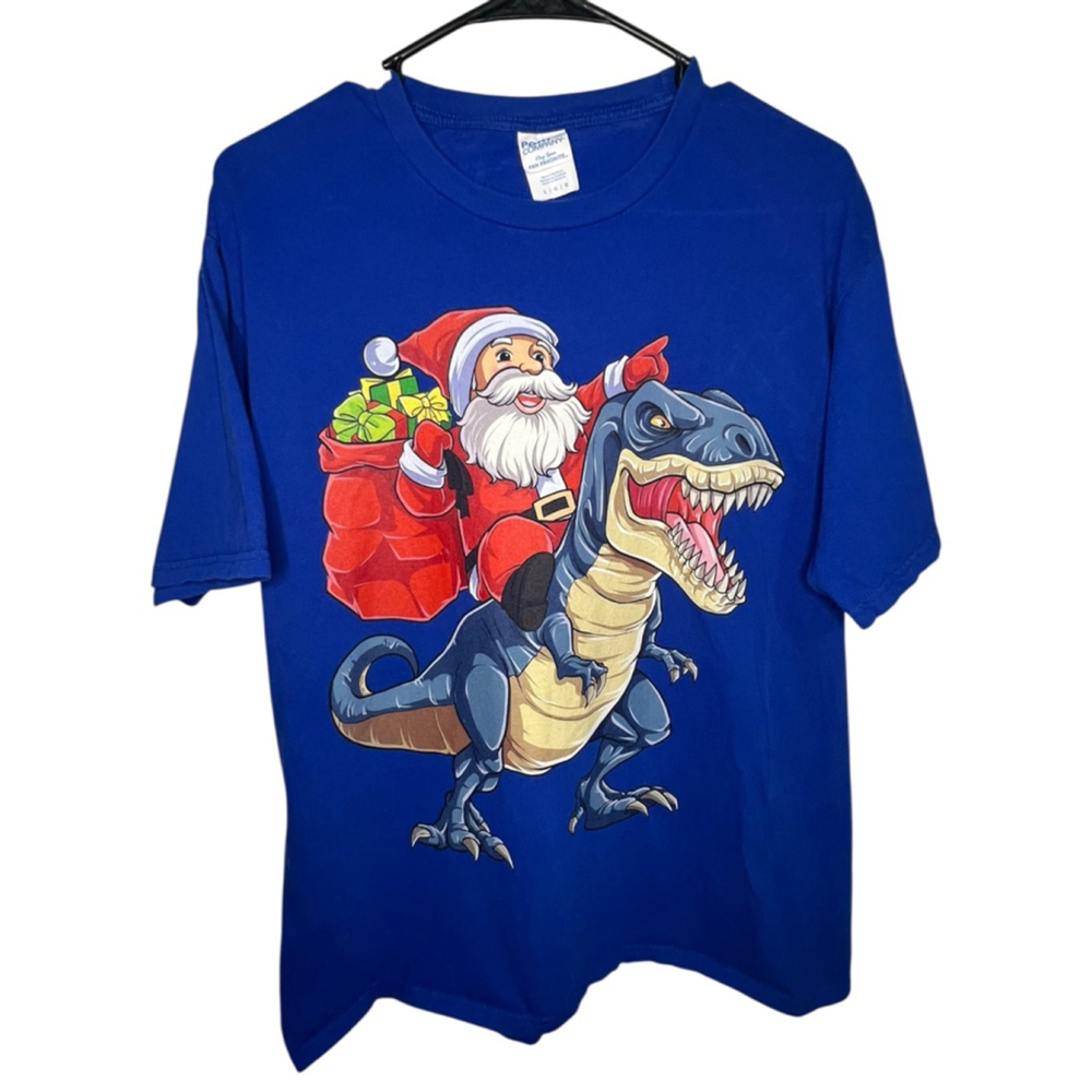 Port & Company Royal Blue Christmas Santa T-Rex Graphic Short Sleeve T-Shirt